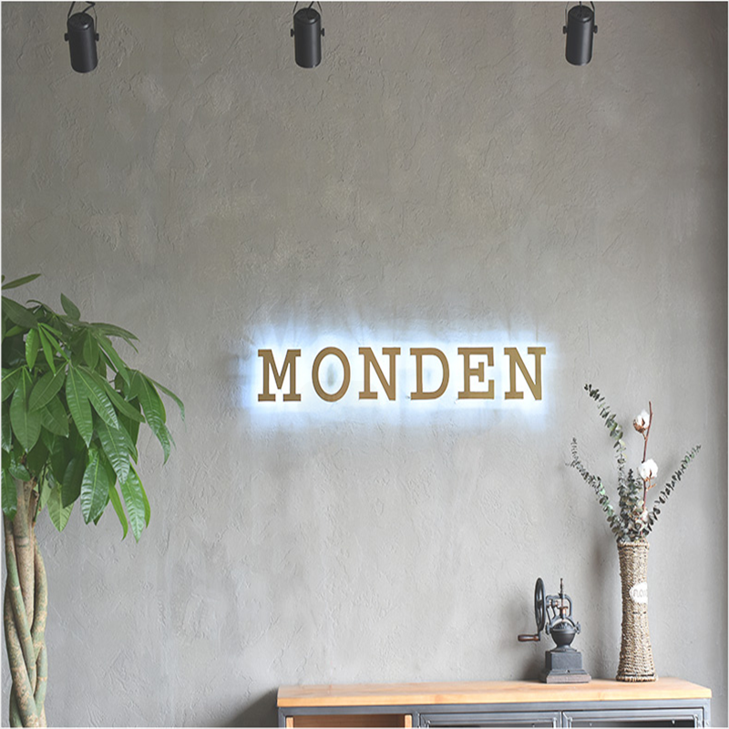 Kundenspezifisches LED-Buchstabenschild aus goldfarbenem, hochglanzpoliertem, gebürstetem Edelstahl mit hintergrundbeleuchtetem LED-Buchstabenschild, hinterbeleuchtetem Store-Business-Logo