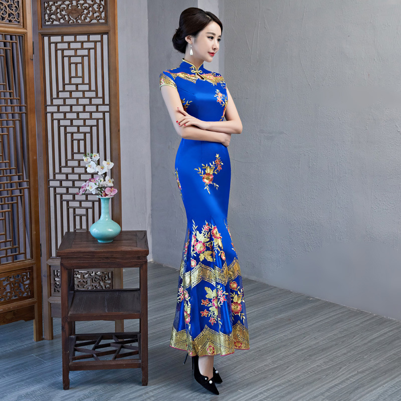 Cheongsam Split Tinggi Seksi Qipao Wanita Satin Gaun Pesta Malam Vestidos Kerah Mandarin Floral China Ukuran Plus 3XL-5XL