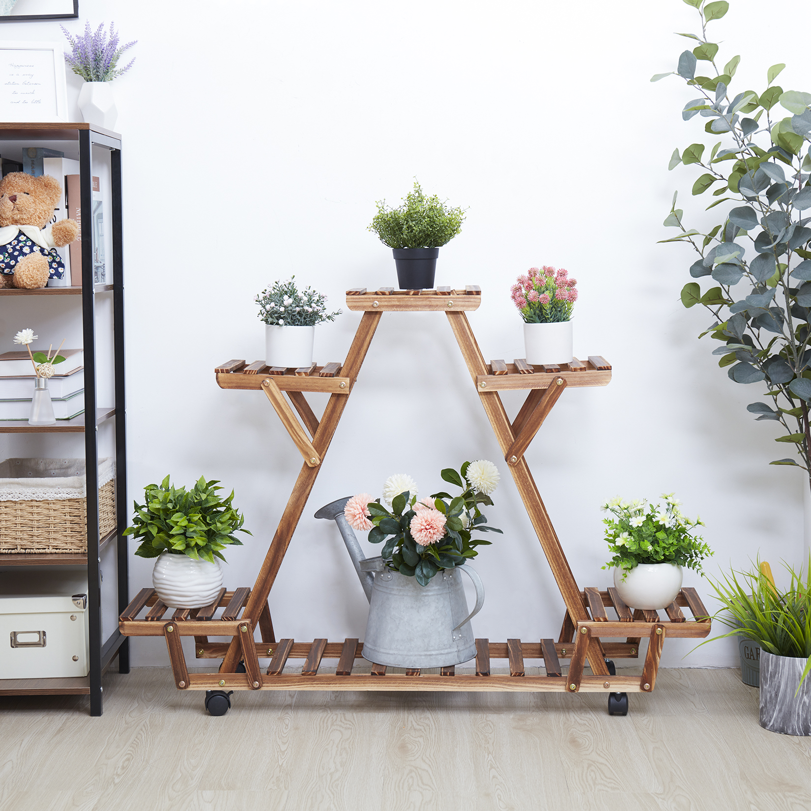 Prateleira triangular para plantas, 6 vasos de madeira carbonizada, suporte para vasos de flores, rack de armazenamento com rodas para jardim