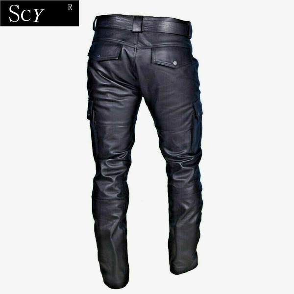 Calça masculina de couro para motocicleta com bolsos cargo, preta, calça de couro para motocicleta sem cinto