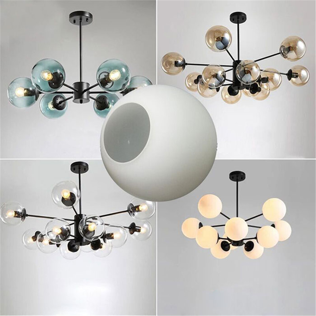 Klare, weiße, graue Farbe, verblassender Ersatz-Glasschirm für Magic Bean Kronleuchter-Pendelleuchte, graublaue Globus-Lampenschirm-Montage