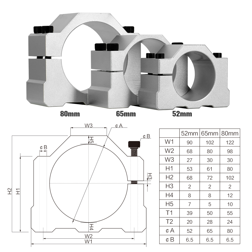 NEW 52mm 55mm 65mm 80mm Spindle Clamp Mounting Bracket With 4 Screws For 400W 500W 1.5KW 2.2KW Spindle CNC Milling Motor Machine