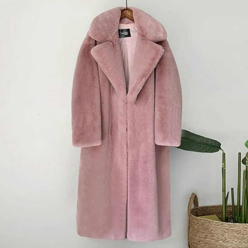 ใหม่ElegantยาวฤดูหนาวFaux Fur Coatผู้หญิงแฟชั่นPlushเสื้อขนสัตว์หลวมคุณภาพสูงหนาฤดูหนาวขนสัตว์Overcoat