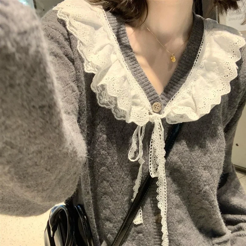 Áo Khoác Cardigan Nữ Tất Cả Trận Đấu Cổ Chữ V Ren Miếng Dán Cường Lực Áo Len Mùa Xuân Mùa Thu 2021 Xám Kawaii Retro Dịu Dàng Dệt Kim Thiết Kế Đơn Giản Áo Khoác Ngoài