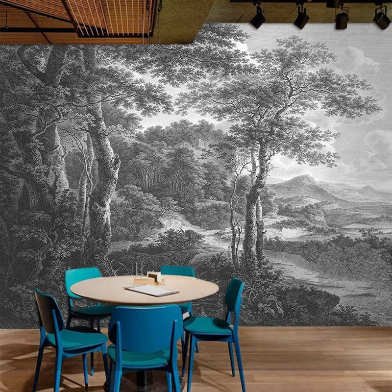 วอลล์เปเปอร์ที่กำหนดเอง Retro Hand Painted สีดำและสีขาว Forest Tree ภาพจิตรกรรมฝาผนังห้องนั่งเล่นโซฟาทีวีโซฟาห้องนอน Fresco Papel De parede