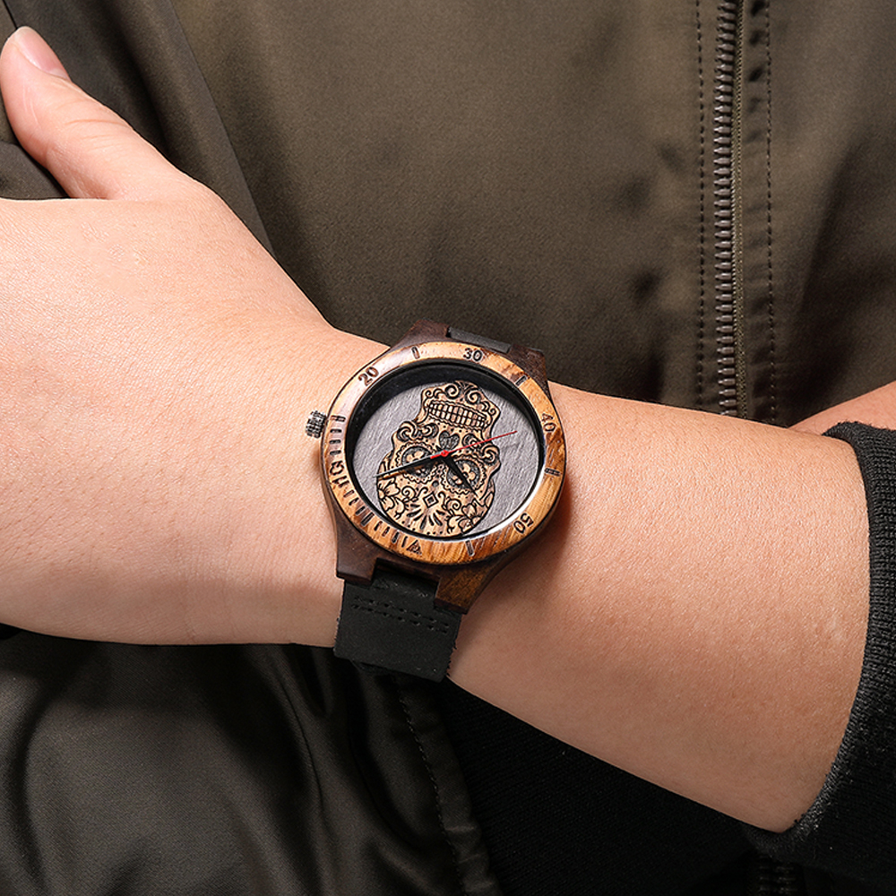 Relógio de madeira com cabeça de caveira, de alta qualidade, esqueleto gravado, méxico, punk rock, mostrador de madeira, relógios masculinos