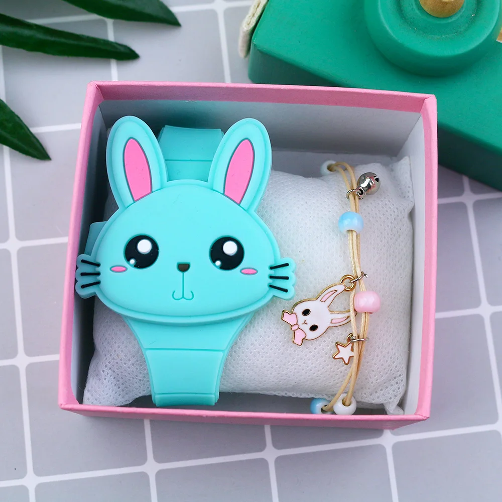 Led dos desenhos animados coelho crianças relógios com braelet adorável coelho eletrônico meninas crianças relógio senhoras flip cover estudantes relógio
