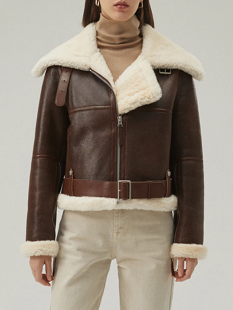 Denny&Dora Neue Damen-Lammfelljacke, braune Lederjacke, kurzer Pelzmantel, Damen-Wintermäntel, natürlicher Schaffellmantel