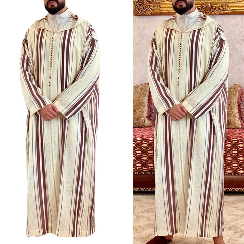 Muslimischen Kleider für Herren Langarm Streifen Dubai Hemd Kaftan Thobe Robe Kleid Gerade Freizeit Rennen Stil Kleidung