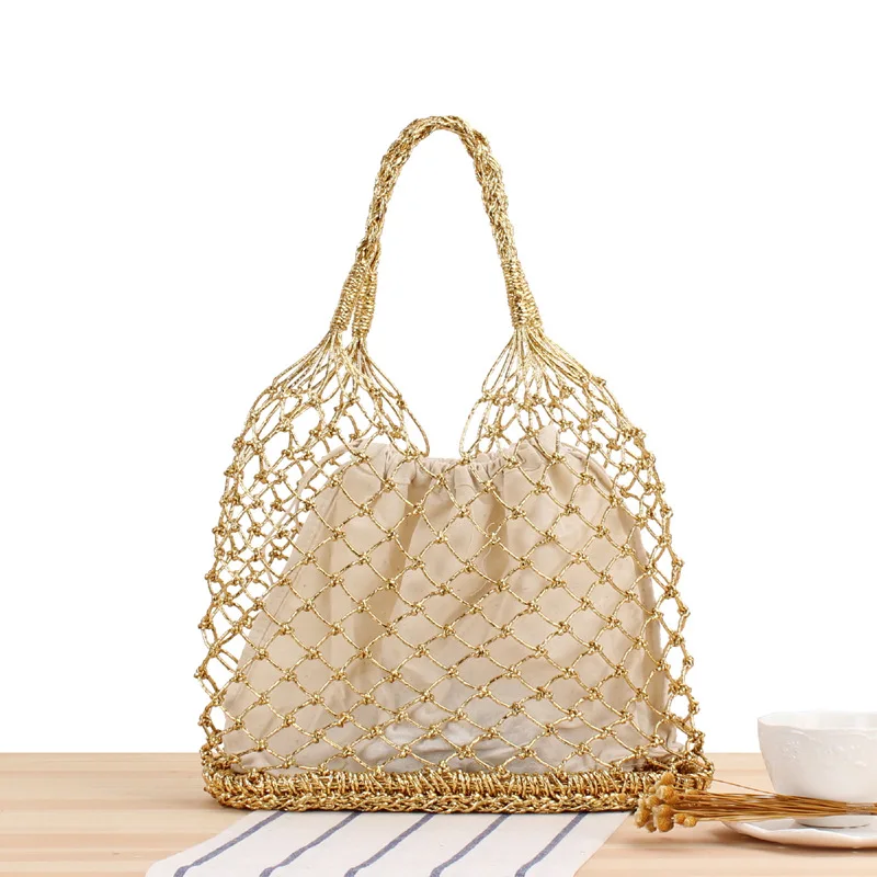 28X35CM Ins Mới Nguyên Chất Màu Vàng Và Bạc Ren Tay Túi Đeo Chéo Xu Hướng Nữ Phong Cách Tự Nhiên Túi Xách ống Hút Túi Túi Xách Đi Biển A7158