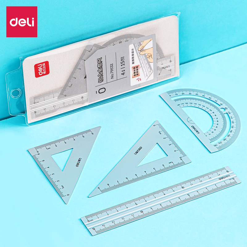 DELI Set da disegno in alluminio Set di 4 righelli per la scuola, righello dritto, goniometro triangolare, cancelleria