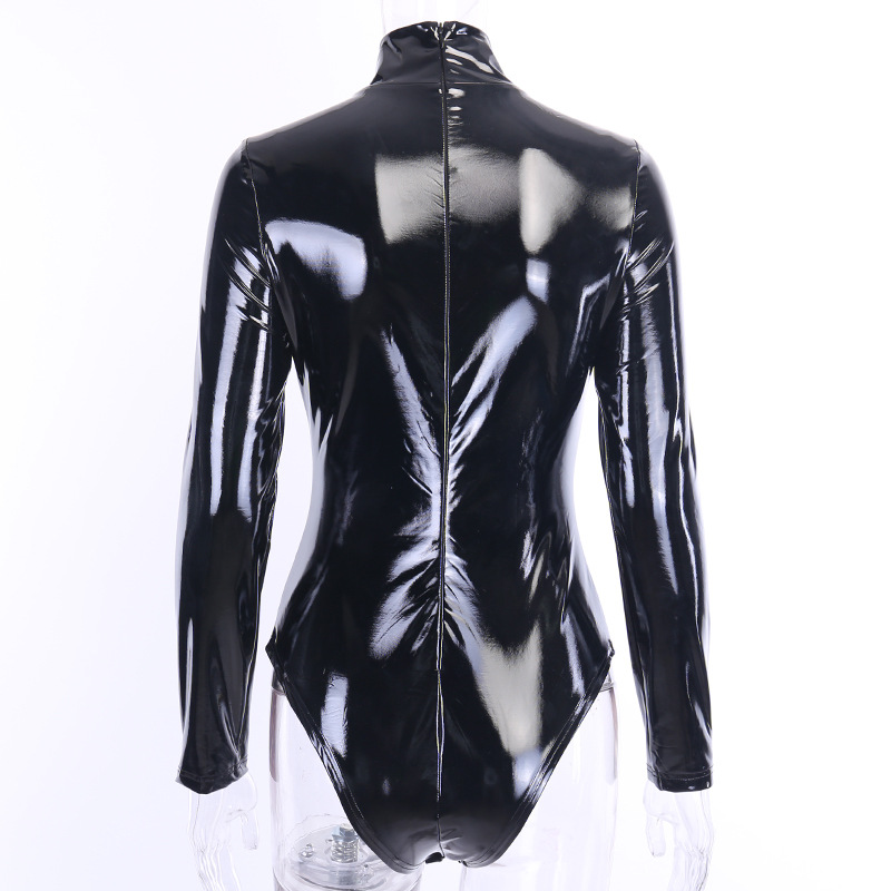 แขนยาวสีดำPUหนังBodysuitคอเต่าเซ็กซี่Playsuitผู้หญิงไนท์คลับBottomshirt Latex Jumpsuit