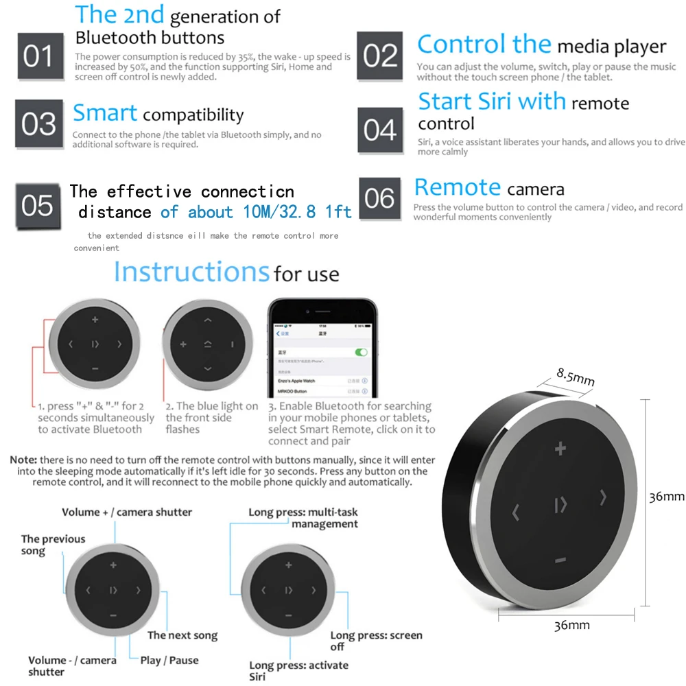 Mini botón multimedia inalámbrico compatible con Bluetooth, mando a distancia para volante de motocicleta y coche, reproducción de música MP3 para IOS y Android