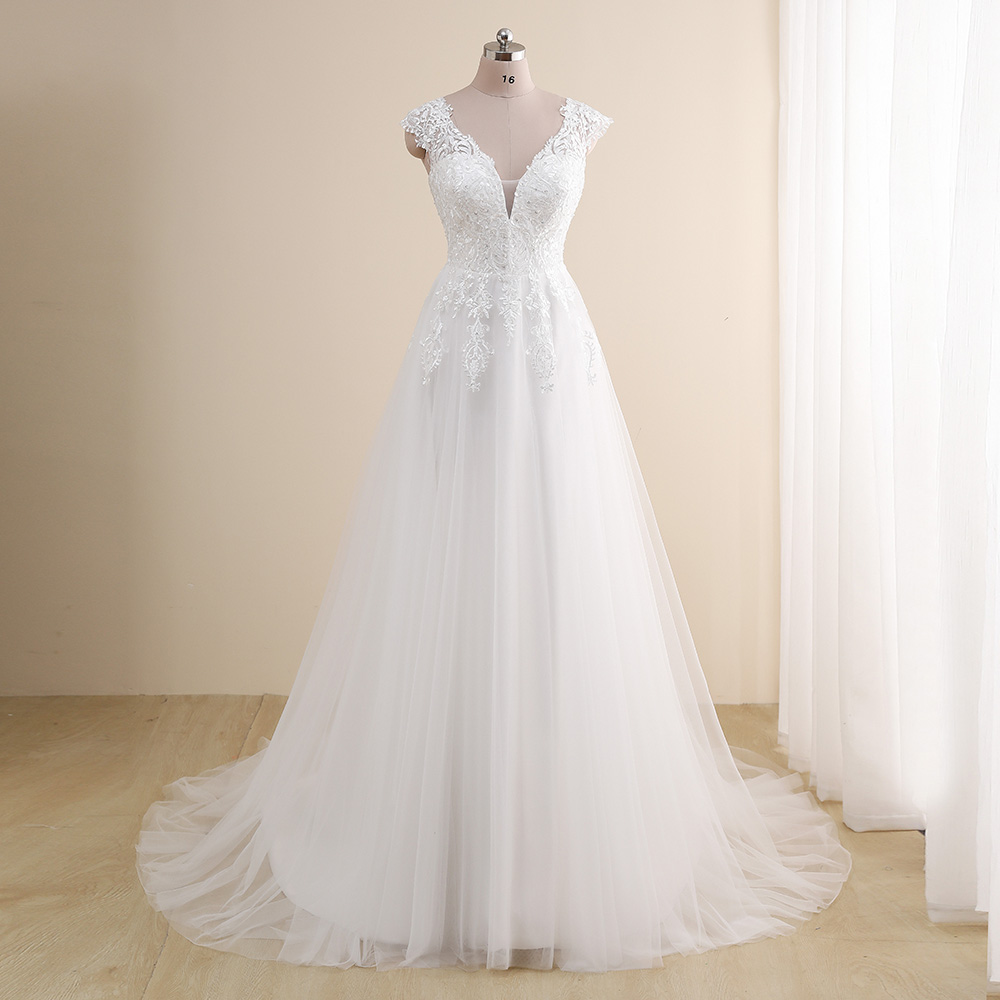 Incroyable Robe De mariée grande taille nouveauté col en V manches une ligne robes Tulle dentelle Applique Robe De mariée Robe personnalisée