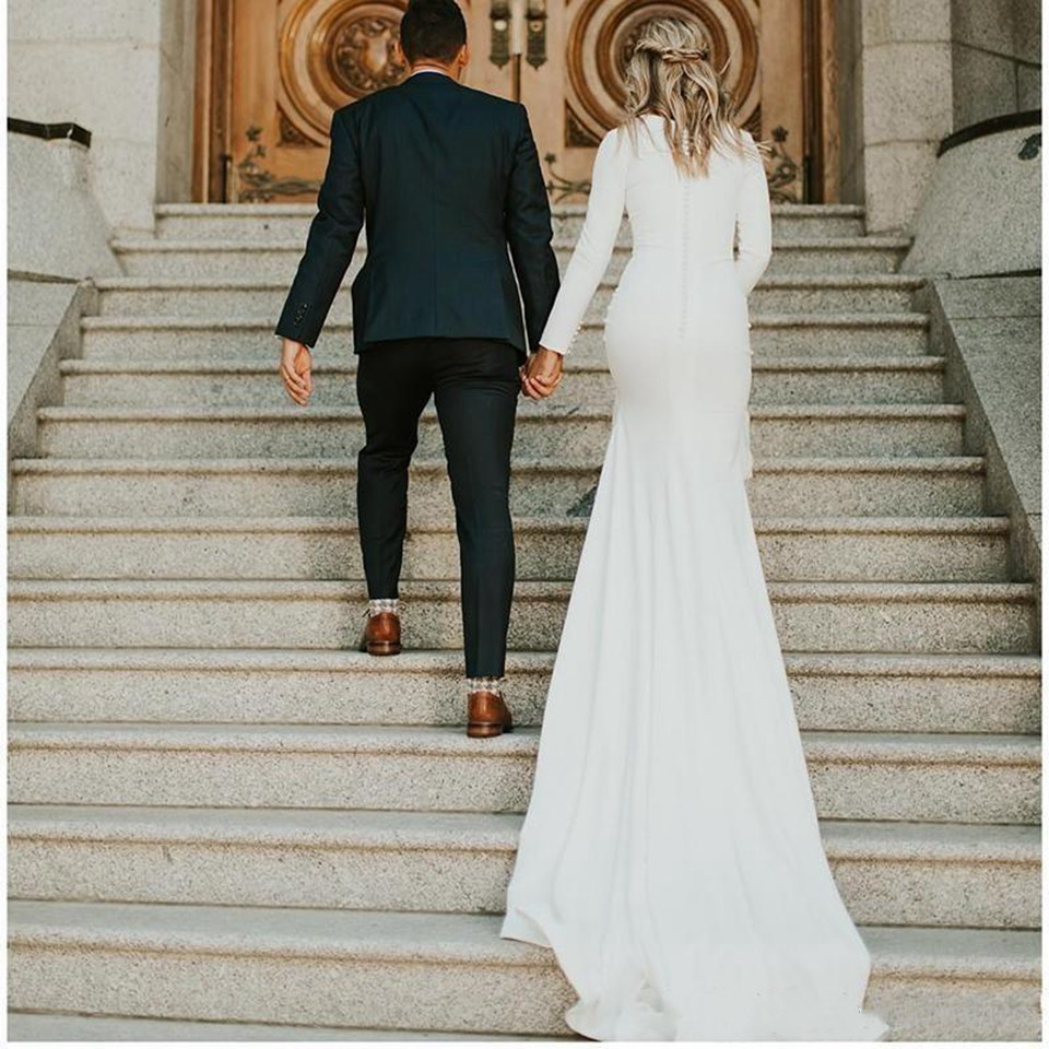 Dostosowane długie rękawy muzułmańskie arabskie suknie ślubne kobieta elegancka Korea Plus rozmiar miękkie satynowe suknie ślubne Vestidos De Novia