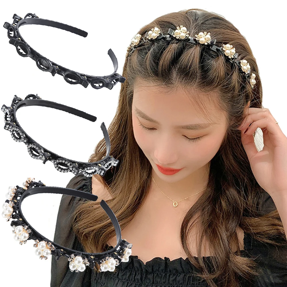 Bandas de doble capa, diademas con Clip, diadema trenzada de plástico a la moda, tocado Punk nuevo tejido para mujer, accesorios para el cabello con perlas
