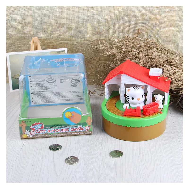 น่ารักแมวจับเมาส์อัตโนมัติขโมยเหรียญPiggy Bankอิเล็กทรอนิกส์เงินพลาสติกความปลอดภัยกล่องเหรียญธนาคารกล่องประหยัดสำหรับเด็กวันเกิดของขวัญ