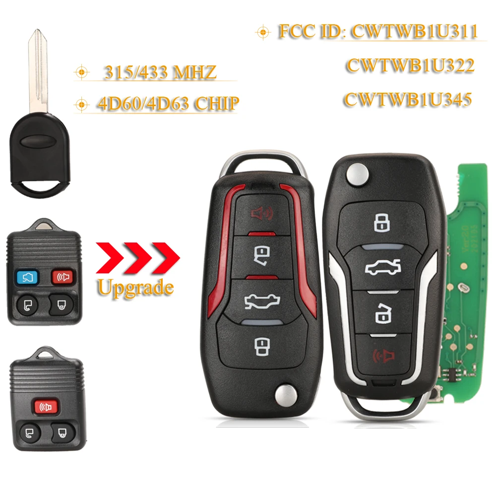 Jingyuqin-Modificado Remoto Car Flip Key, 315 MHz, 433MHz, Ford F150, Explorer, Foco, Borda, Escape, Mustang, Flex, Mercúrio, Lincoln