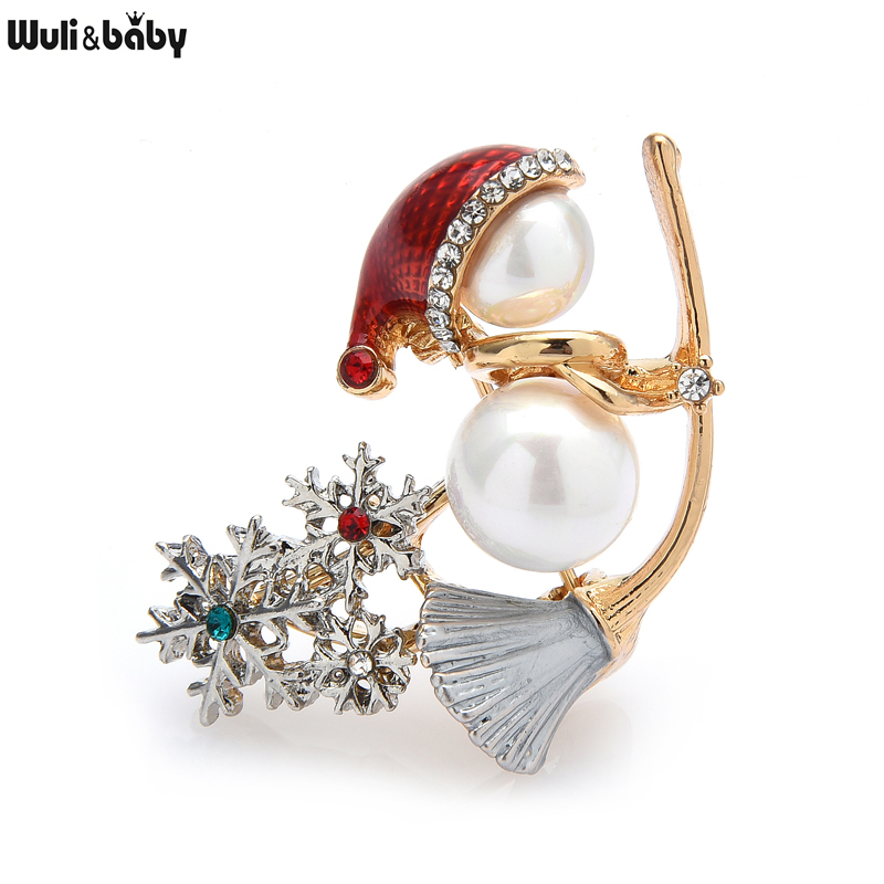 Броши Wuli&baby Witch On a Sweep с искусственным жемчугом, рождественский снеговик, стразы, снежинка, 2021, женские броши, подарочные булавки