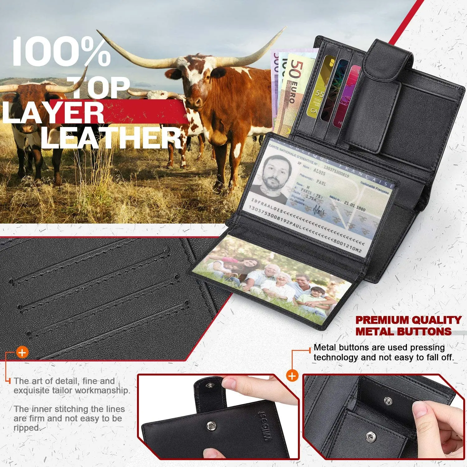 Nam Ví Da Chính Hãng Kinh Doanh Ví Thẻ RFID Giữ Cửa Sổ Trong Suốt Giấy Ngăn Đựng Tiền Xu Đen