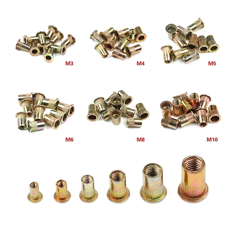 Cabeça chata Rivet Nuts Set, Inserir Cap, Zincado, Aço carbono, Rosqueado Rivet Nut Tool, M3 M4 M5 M6 M8 M10