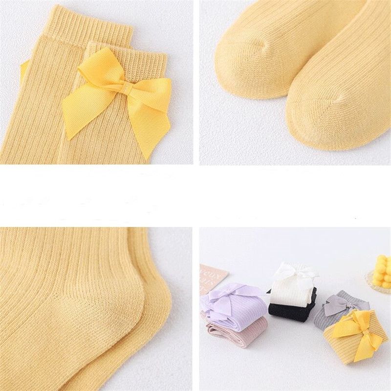 Calcetines sólidos para niños con lazos, calcetines de algodón para niñas pequeñas, calcetines largos suaves para niños pequeños, calcetines hasta la rodilla de princesa para niñas 2024