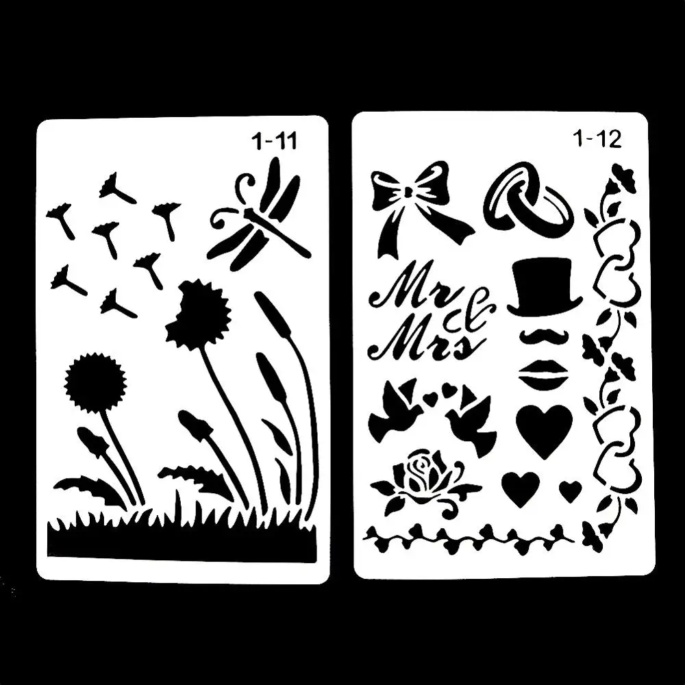 Plantilla de pintura DIY de 12 diseños, plantilla de pared, aerógrafo, libro de recortes colorear, álbum en relieve, diario, dibujo, modelos de copia