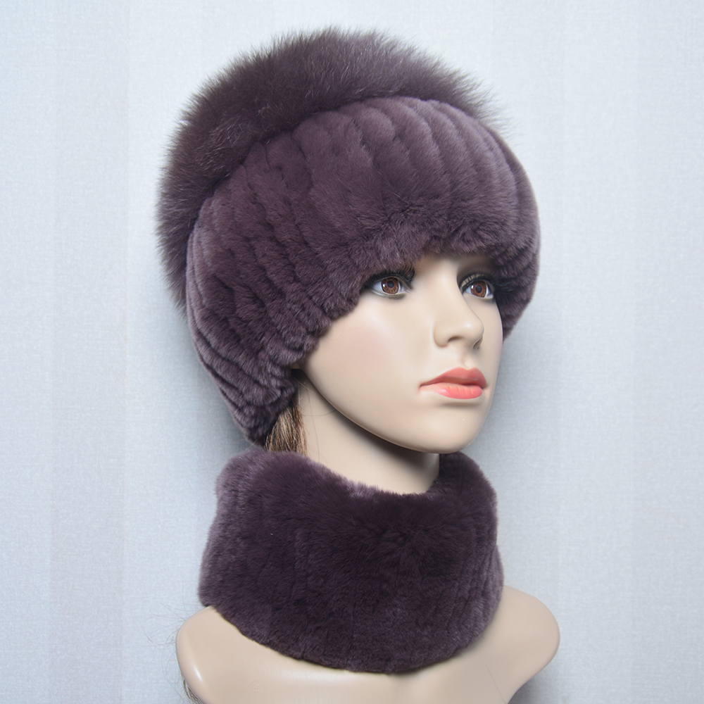 Neue Frauen Winter Luxus Echt Rex Kaninchen Pelz Hut Schal 2 Stück Gestrickte Rex Kaninchen Pelz Hut Top Natürliche Fuchs pelz Kappe Schals Sets