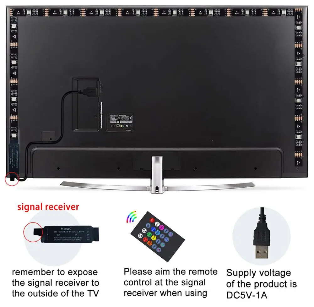 ทีวีแบ็คไลท์เพลงซิงค์ USB ขับเคลื่อน RGB LED Strip Light สําหรับทีวี 15 - 80 นิ้ว, กระจก, พีซี