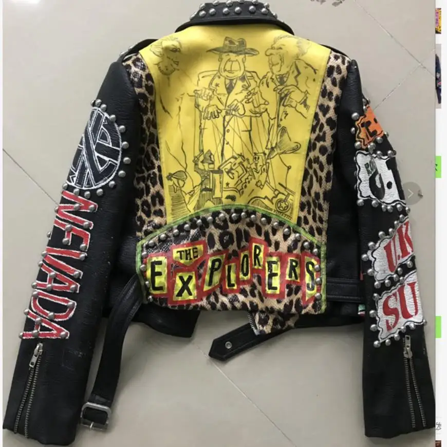 Outono primavera locomotiva graffiti dos desenhos animados jaqueta de couro do plutônio feminino estilo punk era fino motocicleta jaquetas casaco com cinto f1962