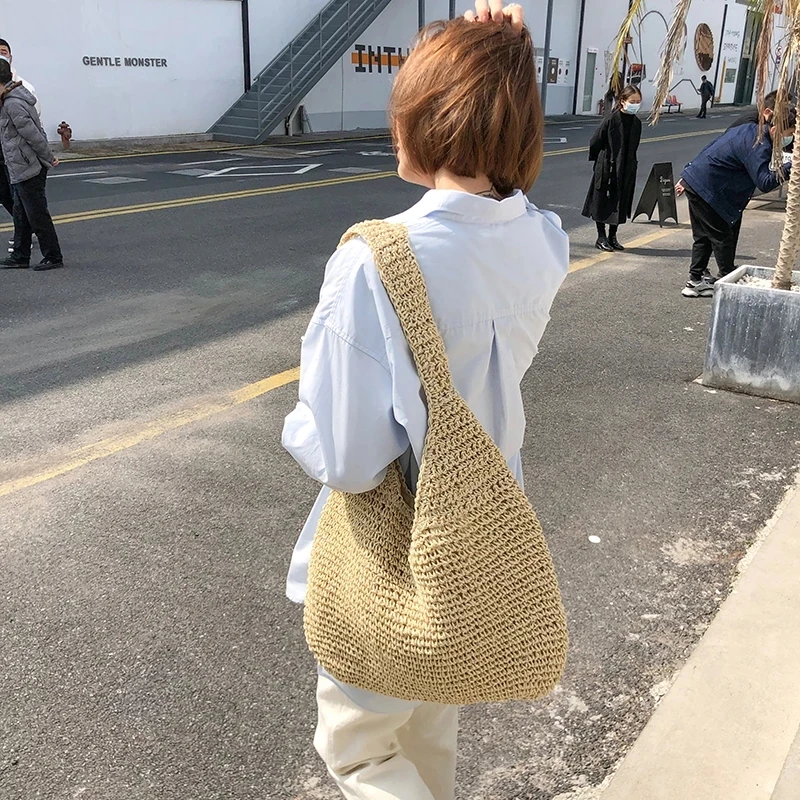 Casual Straw ผู้หญิงไหล่กระเป๋าหวายทอกระเป๋าถือสุภาพสตรี Handmade ฤดูร้อนชายหาดกระเป๋าหวายกระเป๋า Messenger หญิงขนาดใหญ่ Totes
