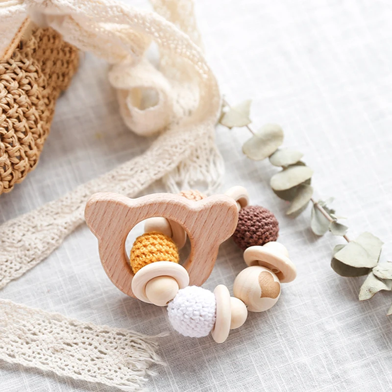 ไม้ Rattle ยางกัดของเล่นเด็กโครเชต์ลูกปัดเด็กยางกัดพยาบาลเด็กสร้อยข้อมือ Rattle Chewable การงอกของฟันลูกปัดสําหรับของขวัญเด็ก