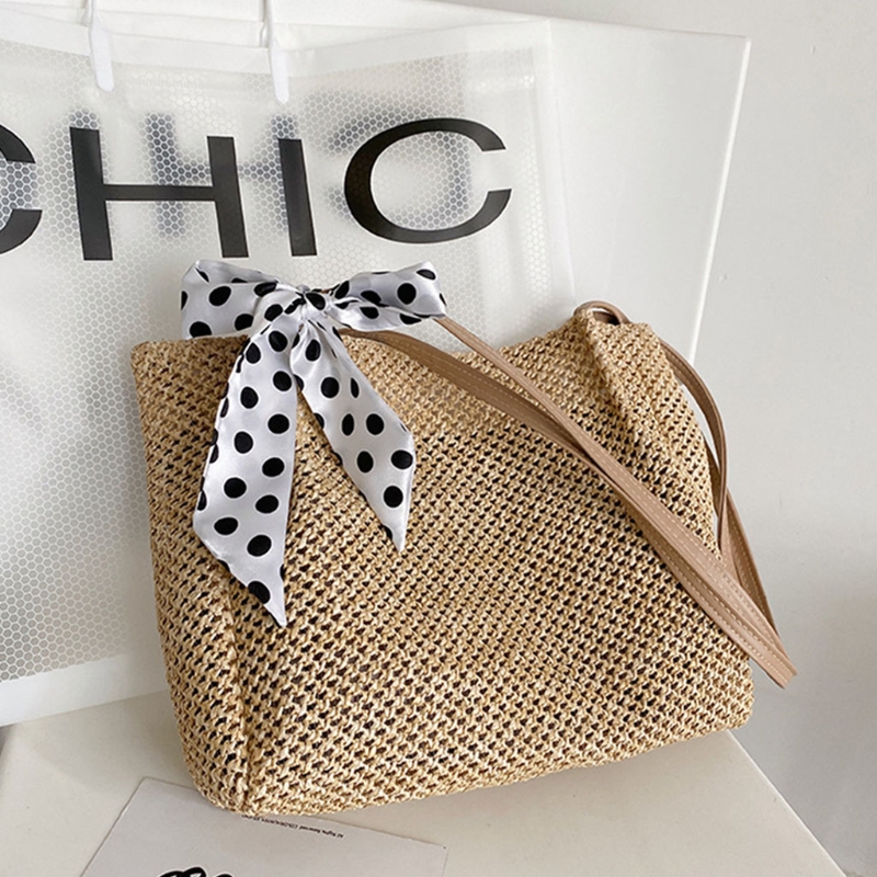 ผ้าพันคอผ้าไหมผู้หญิงฟางทอ Tote กระเป๋าสะพาย Casual ทอผ้าไหล่กระเป๋าขนาดใหญ่ความจุกระเป๋าเดินทาง Tote กระเป๋ากระเป๋าถือ