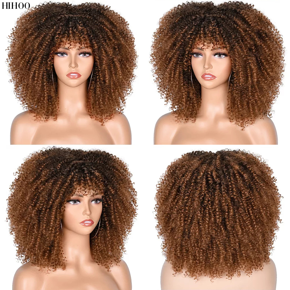 Krótka Afro peruka z kręconymi włosami z grzywką dla czarnych kobiet Cosplay Lolita naturalne włosy Ombre mieszane brązowe syntetyczne peruki afrykańskie