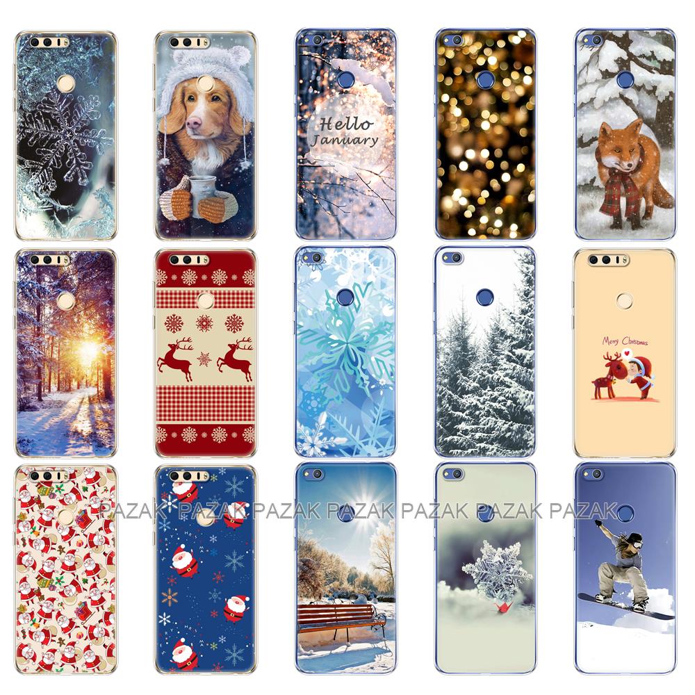 Untuk Huawei Honor 8 Lite Casing Penutup Ponsel Belakang untuk Honor 8 Silikon Lembut TPU Coque Bumper Musim Dingin Natal Pohon Salju Tahun Baru
