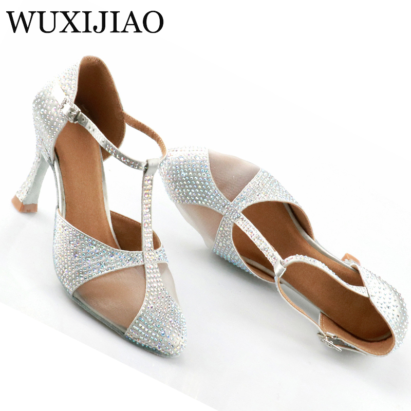 Wuxijiao prata seda cetim strass sapatos de dança moderna sapatos de dança latina sapatos de casamento baotou strass designarty