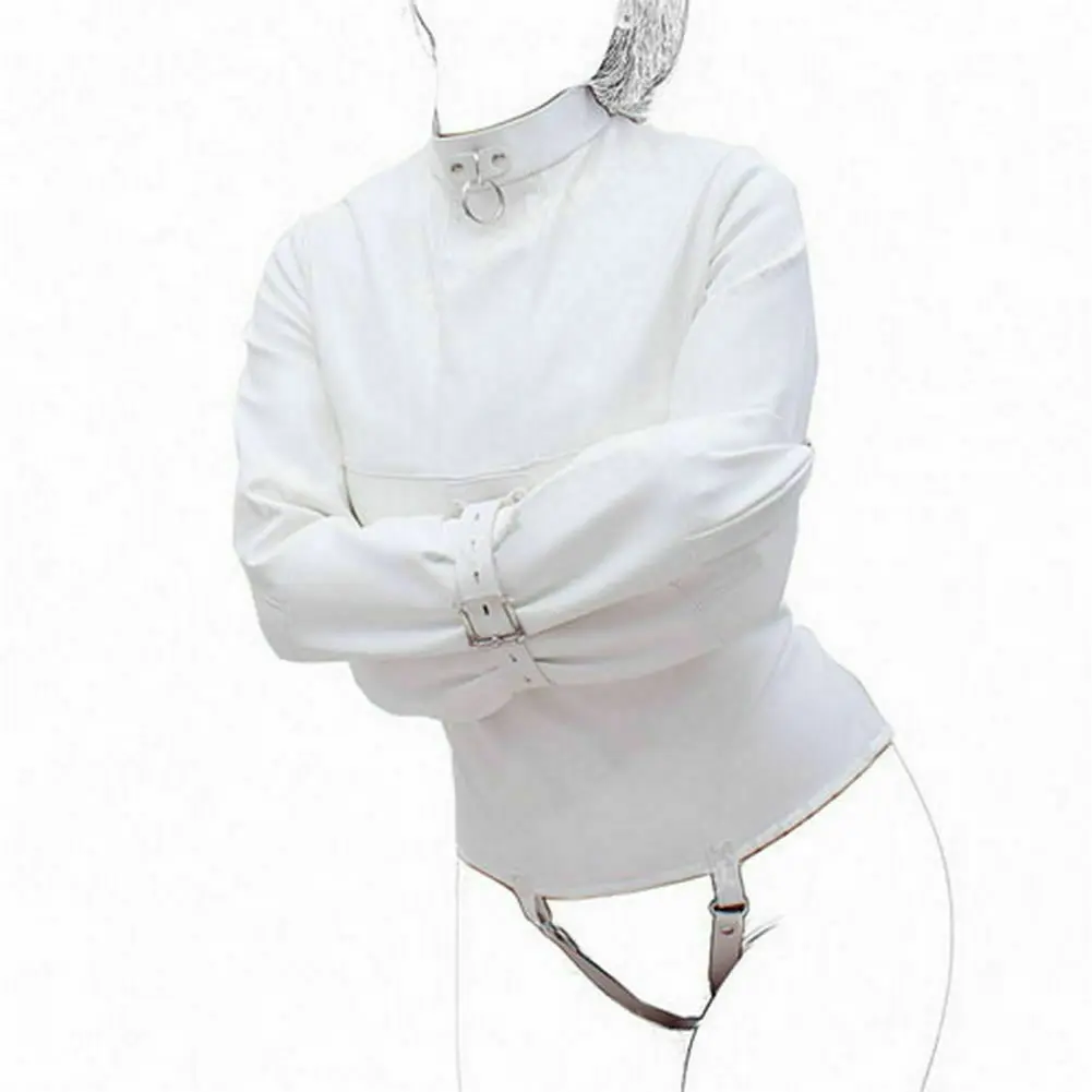 Traje de jaqueta reta de assimilo branco S/M L/XL Arnês de corpo Armbinder de contenção