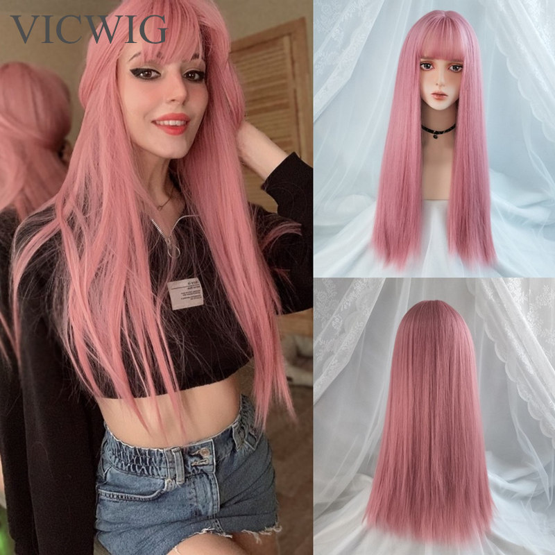 VICWIG Cosplay Bộ Tóc Giả Với Nổ Tổng Hợp Tóc Thẳng 24 Inch Dài Nhiệt Hồng Tóc Giả Dành Cho Nữ