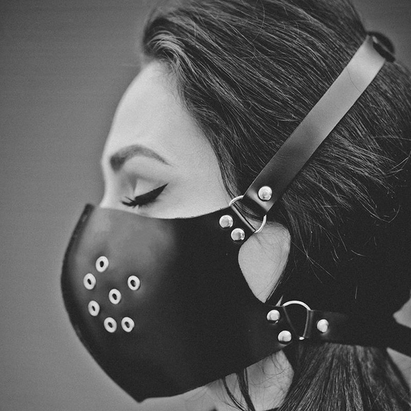 Máscara protetora de couro gótico punk rock estilo feminino boca cobrindo quente respirável reutilizável harness máscaras para mulher