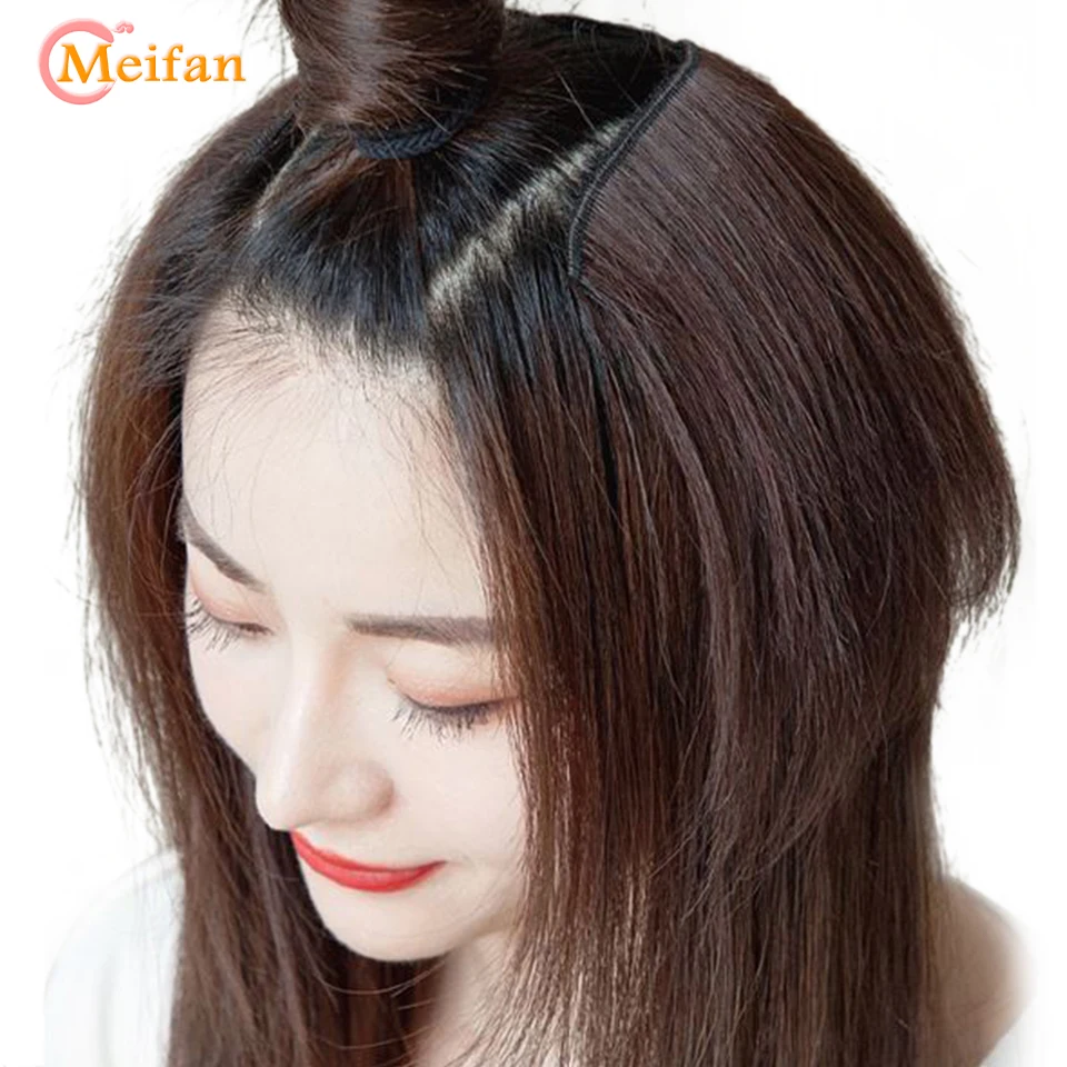MEIFAN Tổng Hợp Thẳng Dài Hình Chữ U Nửa Đầu Tóc Giả Dành Cho Nữ Màu Đen Nâu Clip Trong Tóc Tự Nhiên Giả bộ Tóc Giả