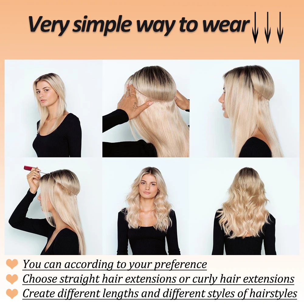 Extensión de cabello sintético sin Clips, alambre Invisible, Artificial, Natural, falso, largo, corto, recto, Rubio para mujer