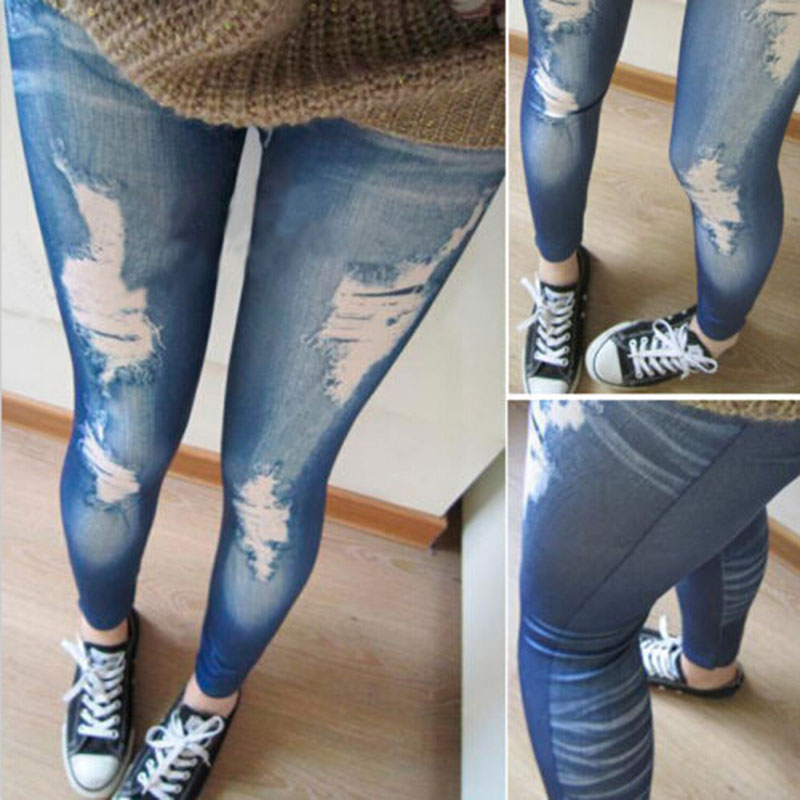 Phụ Nữ Bị Rách Denim Jean Nhìn Quần Kaki Thun Mỏng Jeggings Quần Xanh Đen