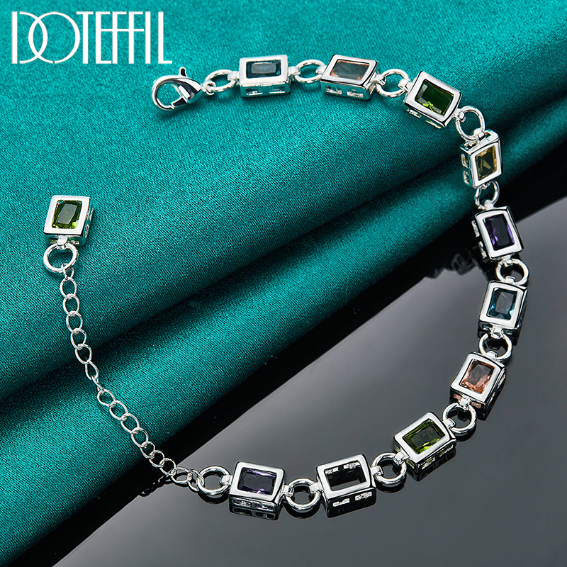 DOTEFFIL-pulsera cuadrada de Plata de Ley 925 con incrustaciones de circonita AAA multicolor, cadena para mujer, joyería de boda para fiesta de compromiso
