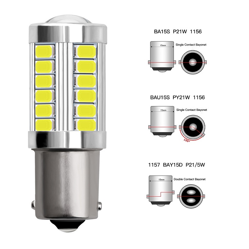 1 Chiếc PY21W P21/5W 1156 Ba15s 1157 Bay15d Cho Xe Hơi Bóng Đèn LED LED Tín Hiệu 12V 33SMD 7000K Trắng Phanh Ngược Đậu Xe Đèn