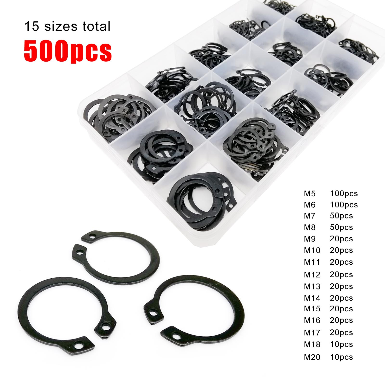 Kit d'assortiment de 250/500 pièces, 5-20mm GB894 noir 65mn, Clip de retenue en acier, anneau à pression de Type C, circlip externe pour arbre de roulement
