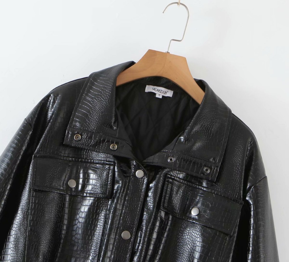Mantel Wanita Kulit PU Hitam Musim Gugur Musim Dingin Baru Jaket Longgar Hangat Berlapis Katun Pakaian Luar Jaket Biker Pendek Kerah