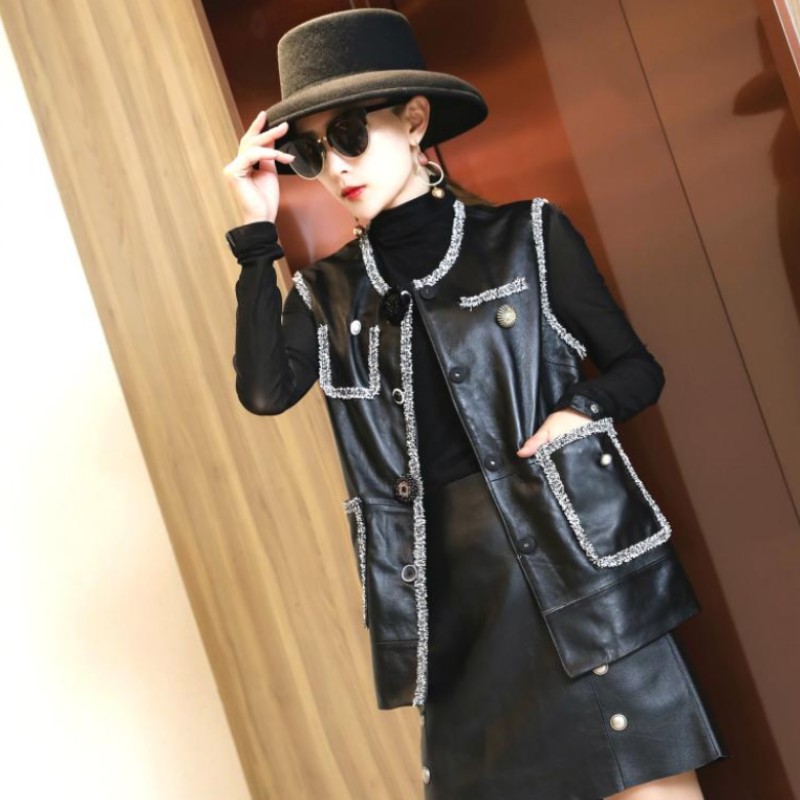 ヴィンテージ女性のノースリーブoネックベストトップタッセルレディカジュアル高品質羊革ベストをチョッキ