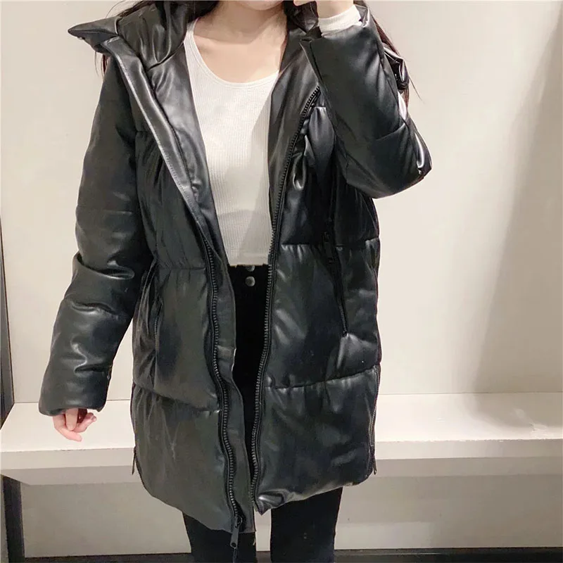 Chaqueta de algodón con capucha de imitación de cuero para mujer, abrigo holgado con cremallera, abrigo informal cálido de longitud media