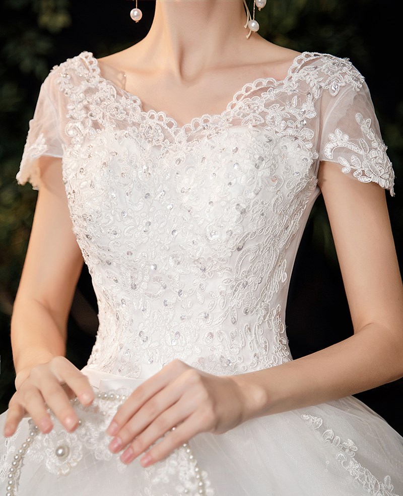 2022 Cao Cấp Phối Ren Cổ V BẦU VÁY Áo Ngắn Tay Công Chúa Ảo Ảnh Táo Cô Dâu Đồ Bầu Casamento