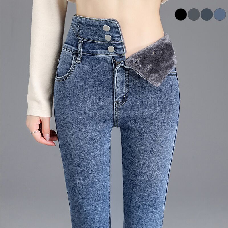 高品質の冬厚いフリースハイウエスト暖かいスキニージーンズ厚い女性ストレッチボタンペンシルパンツママカジュアルベルベットジーンズ